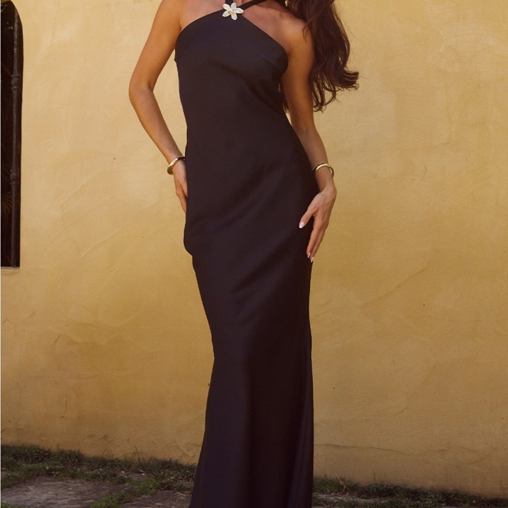 Black satin open back gown. Never Worn